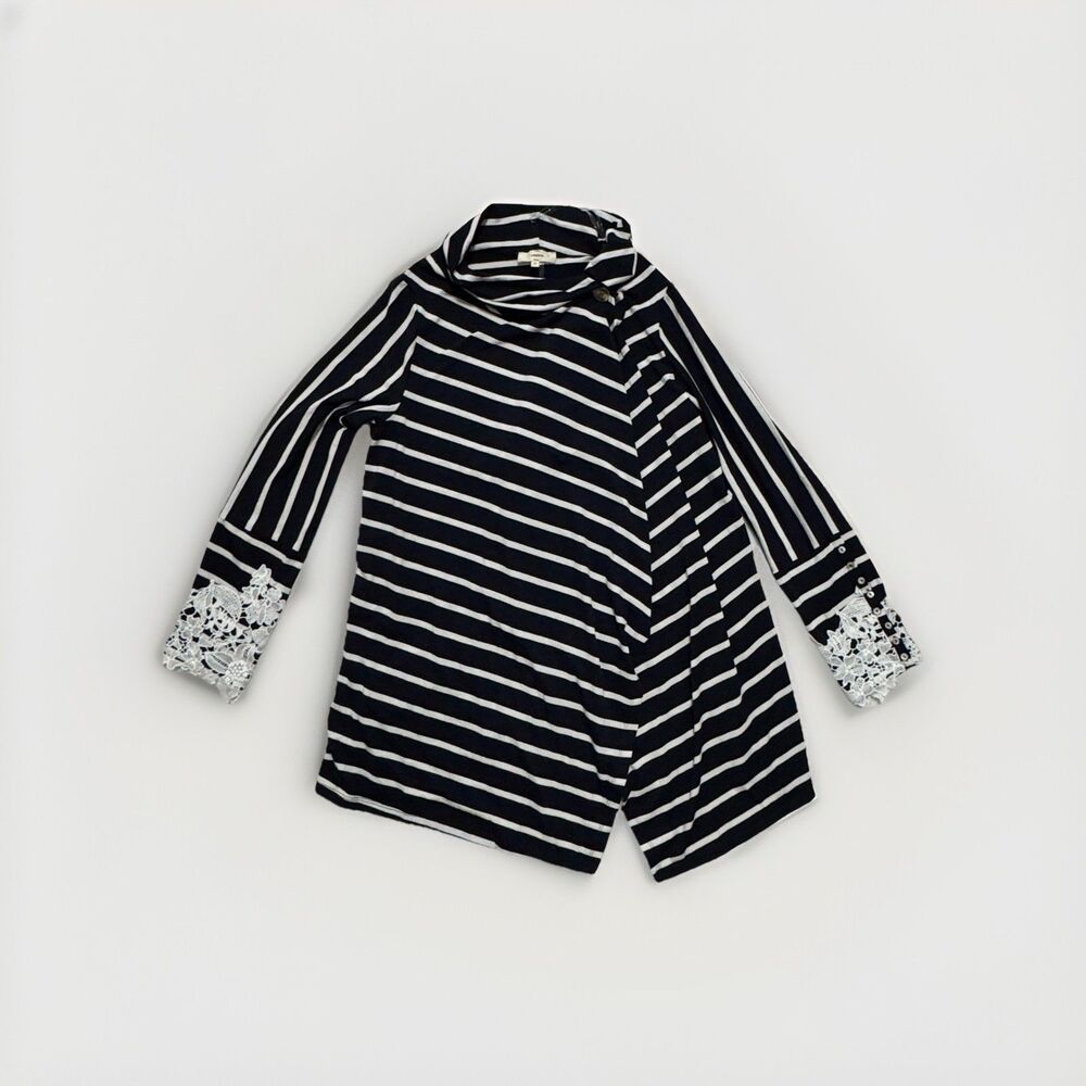 Entro Striped Draped Button Cardigan Lace Cuffs Medium Blue Sweater